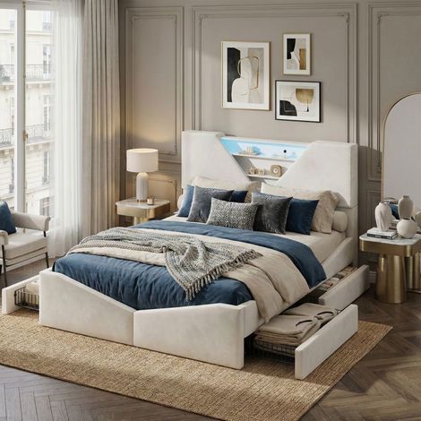 Letto 140x190 CM con 4 Cassetti - POCKETPOP - LED - Ricaricabile - letto matrimoniale con Rete e Contenitore - Velluto - Bianco sporco