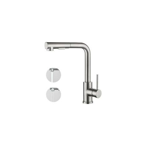 Grifo monomando de cocina con rociador extraíble, giro de 360°, 2 tipos de chorro – acabado cepillado
