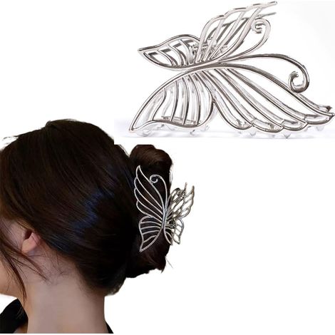 Grande fermaglio per capelli da donna color argento, con un elegante design a farfalla. Resistente anche per capelli spessi, questo fermaglio offre una tenuta forte ed è adatto all'uso quotidiano. (1/3)