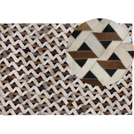 Alfombra de cuero marrón y gris patrón geométrico 160 x 230 cm rústico boho Tuglu