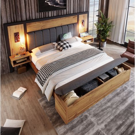 DESVIAE Lit double 160 x 200 cm avec tables de chevet lampe de lecture USB Type C banc de rangement chêne métal bois lin (1/5)