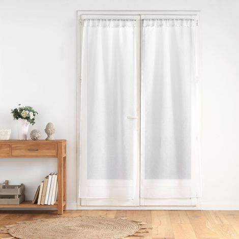 Paire de voilages passe-tringle en voile sablé avec finitions pompons Blanc 70x240 cm (1/3)