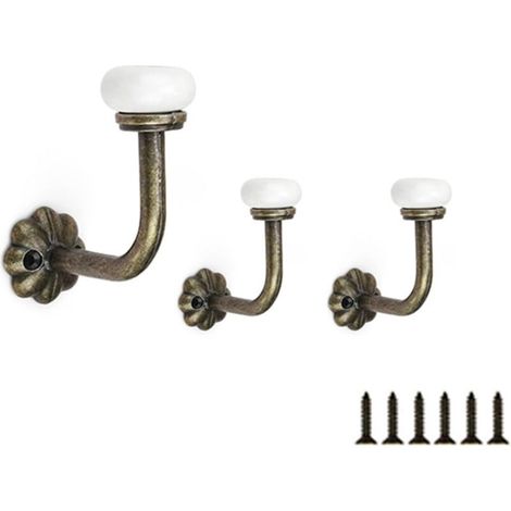 Patere Vintage 3 Pièces, Patere Porte Manteau Mural avec Vis, Tête Céramique Crochet Porte Manteau, Alliage Zinc Patere Murale, Patere Salle de Bain pour Accrocher Vêtements, Chapeaux, Clés