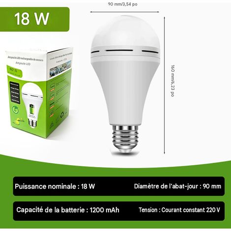 Ampoule LED de secours rechargeable E27 18W, Ø90 mm, lampe urgence batterie intégrée 1200mAh