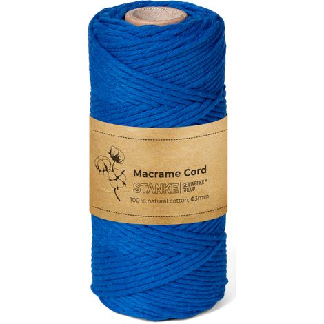 STANKE Fil macramé 3mm 100 m couleur Bleu - fil de coton pour crochet, DIY boho, paniers, attrape-rêves - corde coton pour guirlandes, dessous de verre, sacs 100% cotton, torsadé, doux, grande bobine (1/5)