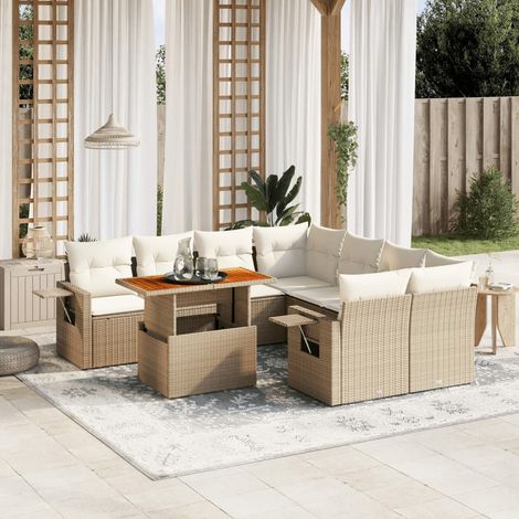 Ensemble salon jardin 9 places résine tressée beige avec table extensible et coussins lavables (1/3)