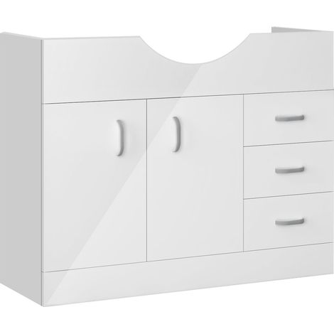 Acezanble Under Sink Bathroom Storage Cabinet High Gloss White Vanity Unit Free Standing Furniture Cupboard with 3 Drawers, 2 Doors, Shelf and Handles, 1030x340x781mm