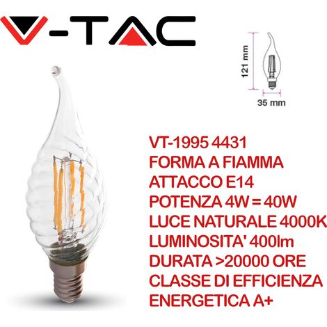 V-Tac Lampadina led filamento E14 4w fiamma luce calda, naturale e fredda 3000K Bianco naturale