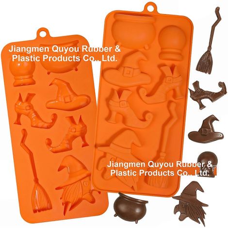 Moules à chocolat en silicone avec des rainures en forme de chapeaux de sorcière, de chaussures et de balais, parfaits pour le fondant d'Halloween, les bonbons et les créations pâtissières. (1/5)