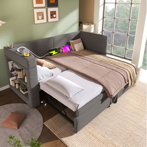 MEUBLIV Bettgestell 90x200 cm Grau – Ausziehbett, ohne Matratze (1/5)