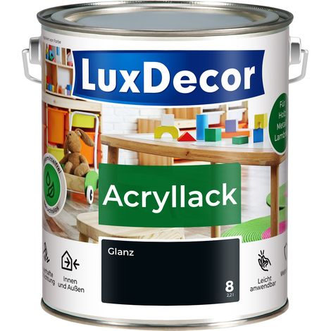 LUXDECOR Acryllack Holzfarbe Metall und Holz Lack Buntlack Glanz (08) Schwarzer Diamant - 2,2L