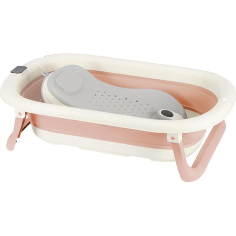 Baignoire Bébé Pliable - 1 Unité - PP Et TPE - Avec Thermomètre Et Transat - Pour Nouveau-Né - Rose 71x43x18,5cm (1/5)
