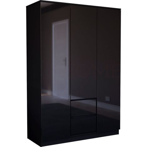 Glinton 3 Door 2 Drawer Wardrobe High Gloss With Hanging Rail & Storage Shelf, 100% FSC, Black