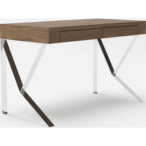 Bureau bois structure acier inoxydable fermeture soft - Noyer, acier inoxydable (1/5)