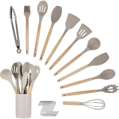 Silicone Kitchen Utensil Set with Cutlery Box, Kitchen Utensils with Wooden Handle, Heat Resistant, Non-stick and Dishwasher Safe, Kitchen Utensils Set (1/5)