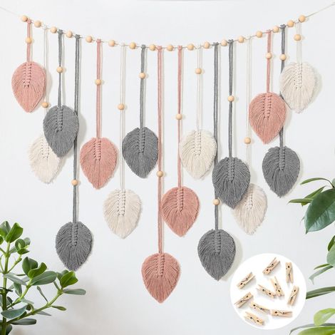 Tenture Murale en Macramé Tapisserie de Feuilles de Macramé Grande avec Perles en Bois Décoration Boho Décoration en Macramé pour Chambre Esthétique Décoration Murale d'Appartement (Rose) (1/5)
