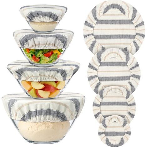 Lot de 4 couvre-bols réutilisables, en coton et lin, tailles de 15,5 à 30 cm, couvre-aliments, couvre-pâtes, couvre-bols respirants (1/5)