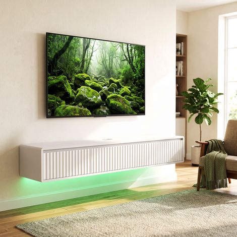 Meuble TV Suspendu Flottant 160 cm avec Éclairage LED et Prises, Meuble Télé pour Téléviseur 72 Pouces, Blanc (1/5)