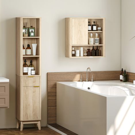 Armario de Baño de Pared con Puerta Corredera 5 Compartimentos y Estantes Ajustables 60x20x62 cm Blanco (1/5)