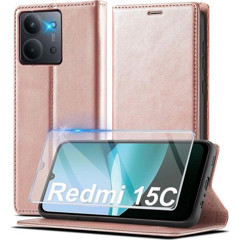 Coque portefeuille en cuir pour Xiaomi Redmi 15C 4G/5G avec béquille et protection écran rose (1/5)