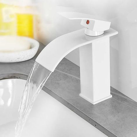 Robinet Cascade Blanc Monotrou Cartouche Céramique, Mitigeur Lavabo Vasque à Poser (1/4)