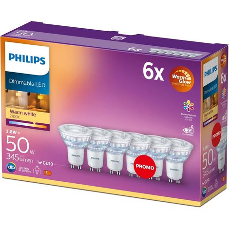 Philips Pack de 6 bombillas LED GU10 50W WarmGlow Blanco Cálido (1/4)