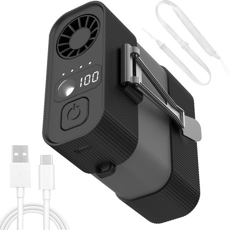 4 Vitesses Ventilateur Rechargeable USB, Ventilateur Poche Portable avec Lampe, Ventilateur Refroidissement Ceinture Portatif, Clip Taille (Noir) (1/5)