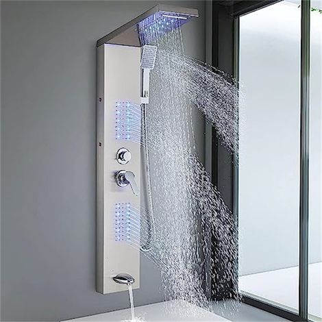 Stainless steel LED shower column, faucets, 5-function shower system, rain shower head, silver (1/5)