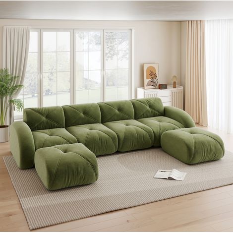 Canapé modulaire en U 4 places vert en chenille avec 2 poufs, design sans cadre et sans montage (1/5)