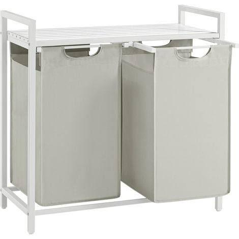 VASAGLE Cesto Portabiancheria, Porta Biancheria, 2 Sacchi in Tessuto Rimovibili, Piano d’Appoggio, Metallo, 2 x 46 L, 73 x 33 x 72 cm, Bianco Crema e Bianco Opaco BLH201W01 (1/5)