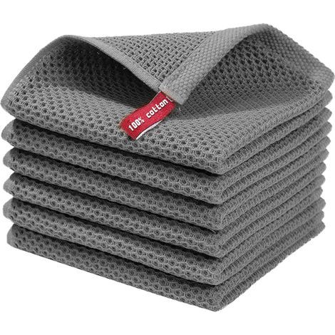 Chiffons de nettoyage en microfibre, lot de 6, en coton gaufré, réutilisables et absorbants, séchage rapide, multi-usages et anti-rayures (gris) (1/3)