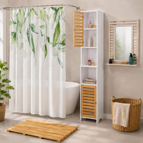 Set per il bagno in bambù (3 pezzi) – Tappetino in bambù, specchio vintage e tenda da doccia (1/5)