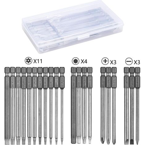 CCYKXA 21Pcs Screwdriver Bits Set, 100mm Long Magnetic Screwdriver Bit, Torx T6-T40, 3mm-6mm Hex, Phillips PH2, 4mm-6mm Slotted, 1/4" Hex Shank, S2 Steel