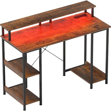Rustic Brown LED Computer Desk with Power Outlets and Storage Shelves for Home Office Use