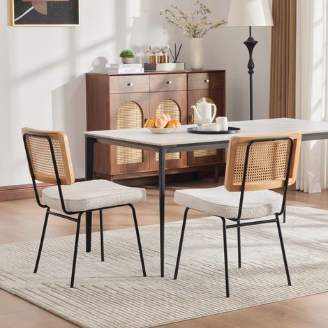 Fauteuil de salle à manger moderne, lot de 2, rembourrage en maille chenille, sans accoudoirs, cadre en bois massif au dossier, aspect rotin, pieds métalliques réglables - couleur ivoire (1/5)