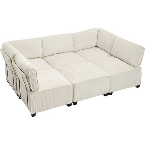 Canapé modulaire 6 places en tissu velours côtelé beige avec rangement et structure bois-métal robuste (1/5)