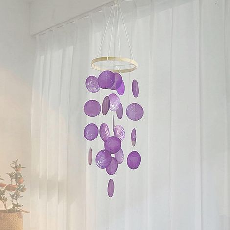 Muschel Windspiel 43cm Lila Boho Deko mit Bambusring & Capiz-Girlanden
