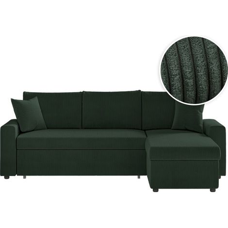 Loungitude – Canapé d'angle convertible 3 places réversible – Coffre de rangement – Velours côtelé vert foncé – Design moderne et cosy (1/5)