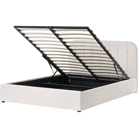 Cama con somier de tela 160 x 200 cm con cabecero almacenaje elevable blanco crema Challans