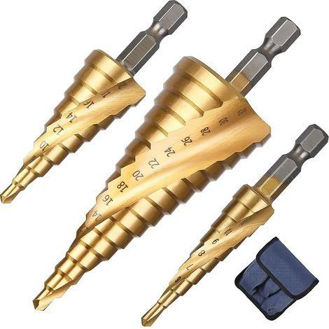 3PCS Foret Étagé Rainuré en Spirale, 4-12/20/32mm Fraise Meche Etage Metal Acier Rapide Revêtu de Titane HSS pour Percer dans Acier, Laiton, Bois (1/5)