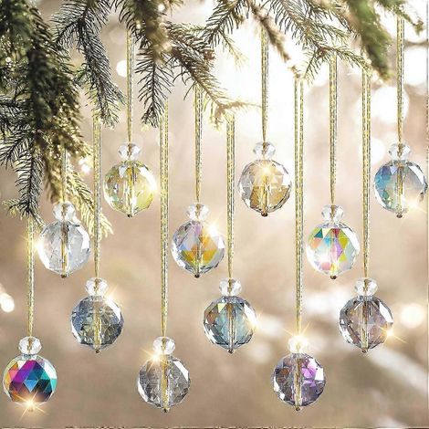 Lot de 12 boules de Noël en cristal de 25 mm, décorations de sapin multicolores à suspendre, effet prisme arc-en-ciel, attrape-soleil. (1/5)