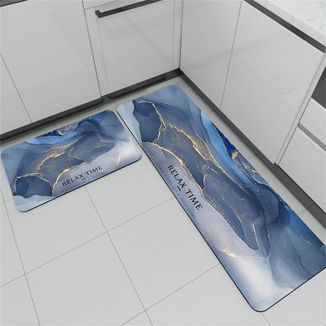 Tapis de Cuisine Antidérapant et Lavable avec Motif Marbre Moderne, Tapis Cuisine Devant Evier en Diatomite Absorbant, Tapis de Bain, Tapis de Vaisselle, Paillasson (Bleu Foncé,40x60cm) (1/5)