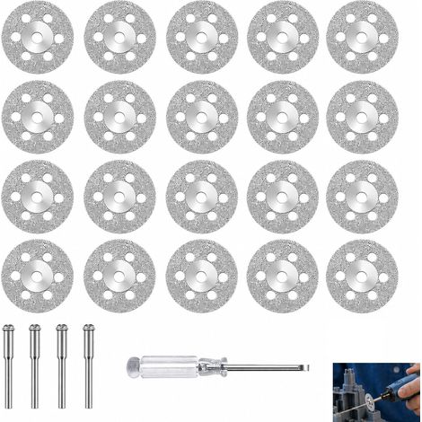 20 Pièces Mini Disque Diamant à Tronçonner 22 mm avec 4 Mandrins 3 mm et Tournevis, Disque Diamant, Coupe Verre, Céramique, Pierre, Marbre, Jade et Carrelage (1/5)
