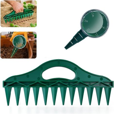 2 teiliges Sämaschinen Set Saatgutstreuer Rechenöffner Sämaschine Saatgutabstandshalter Mehrloch Sämaschine Anzucht von Setzlingen Gartengeräte z (1/5)
