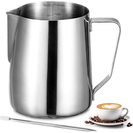 Milk jug - 350 ml - Stainless steel - With measuring pen and latte art pen - For cappuccino, espresso, latte art - Perfect for coffee lovers (1/5)