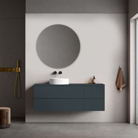 Mobile bagno sospeso cannettato reversibile  140 cm Blu Mare per Lavabo d'appoggio Specchio Tondo - Fiji Paint Top Canneté (1/4)