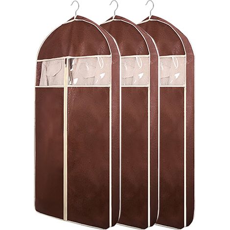 Lot de 3 Housses Respirantes pour Vêtements - Penderie & Voyage - Protections Anti-Poussière en Non-Tissé pour Manteaux/Robes/Fourrures (Système Suspension Intégré)(Size:88cm/34.6in,Color:Brown) (1/5)