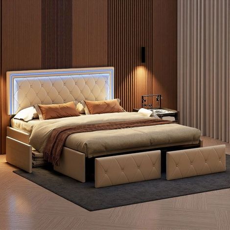 Doppelbett 160x200 - Integrierte Schubladen - RGB LED - TOP-SIMILI-LEDER Gebrochenes Weiß - Zeitgenössisch