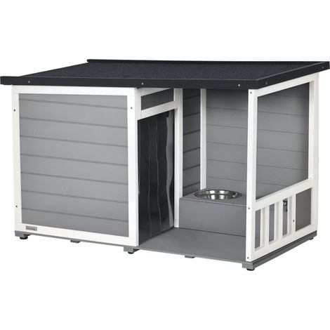 Niche pour chien PawHut en bois massif avec 2 gamelles, véranda, résistante aux intempéries, 103 cm x 62 cm x 66 cm, gris et blanc