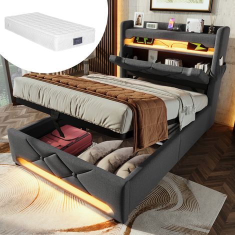 Bett Einzelbett Stauraum 90x200 LED Leinen OKMYHOME